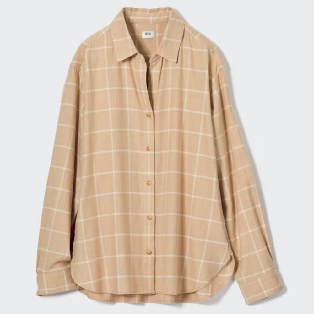Uniqlo Tan Plaid Long-Sleeved Button Down Flannel Shirt Small